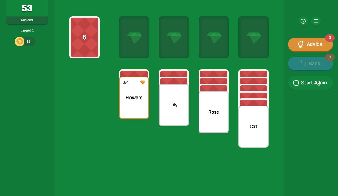 SolaMatch level 1 showing word cards and category foundations